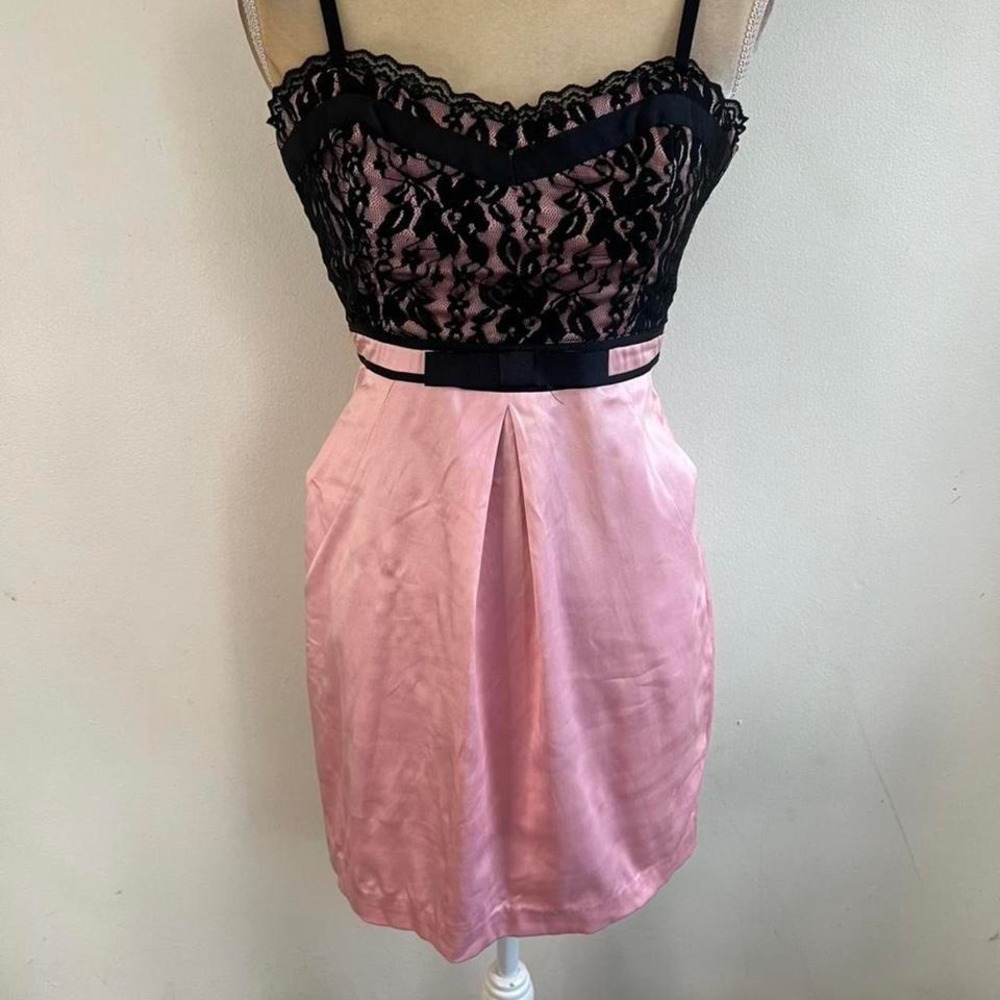 Pink and Black Lace Bodice Satin Cocktail Dress with Bow and Pockets